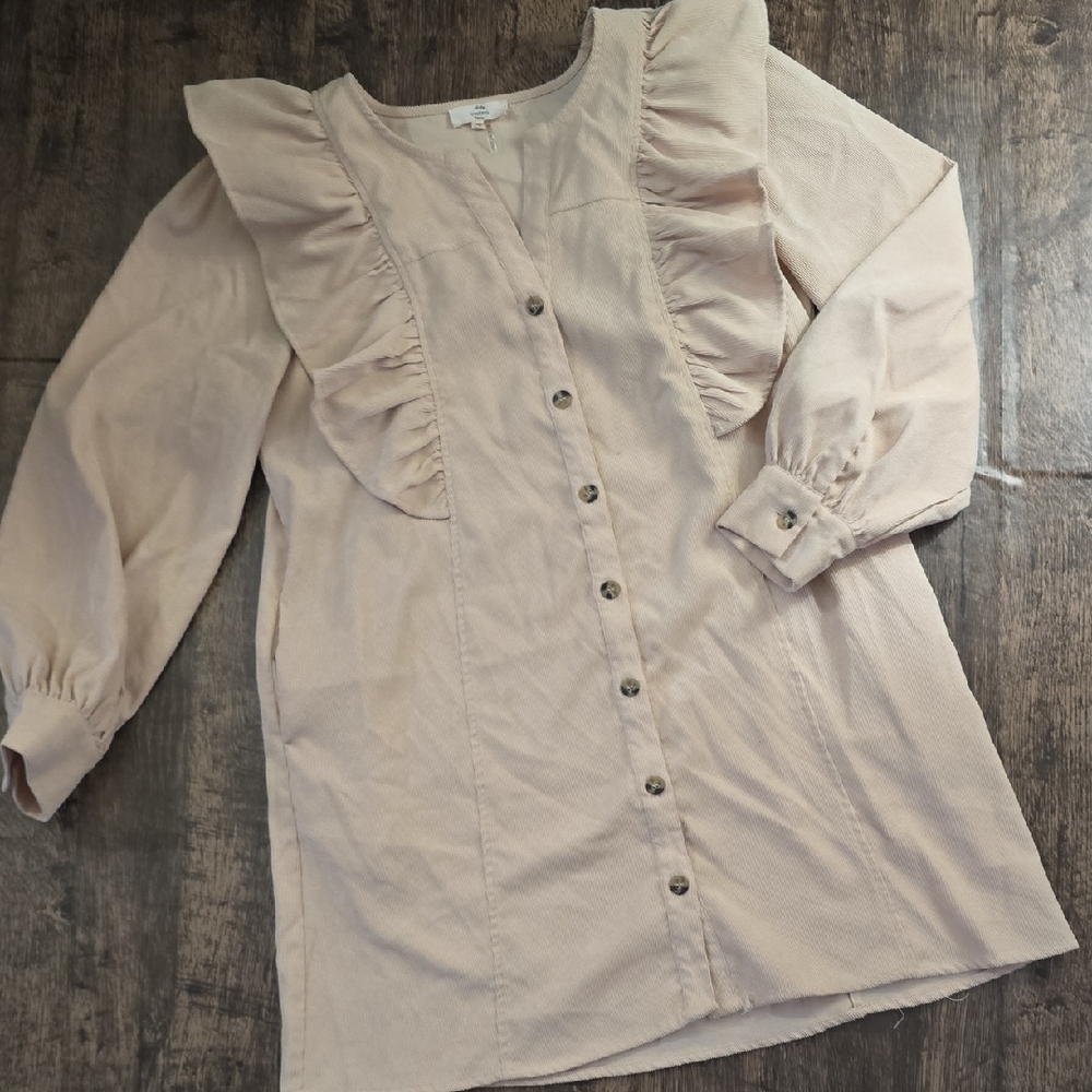 ENTRO‎ Cream Corduroy Ruffle Dress Sz M
